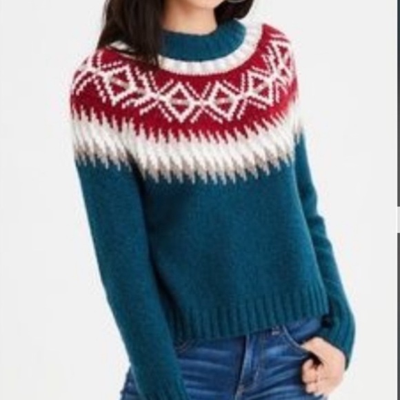 American Eagle Outfitters Sweaters - American Eagle Fair Isle Teal Tan Red Knit Sweater Mock Neck Long Sleeve Small